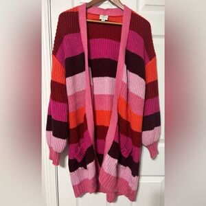 St John’s Bay Women’s Sweater Cardigan Duster Pink Stripe NWT Size Petite L